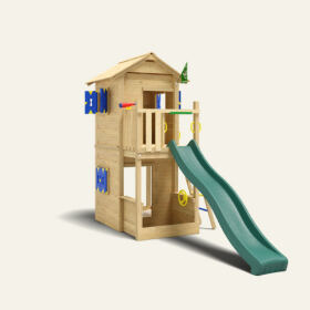 Wooden tower playhouse with slide and climbing ladder