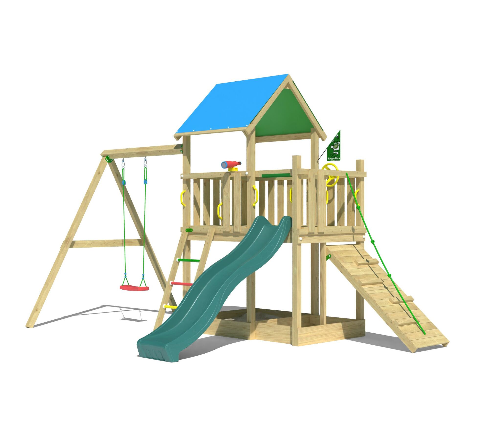 Wooden climbing frame for kids with a blue roof, green slide, swings, and climbing ramp.