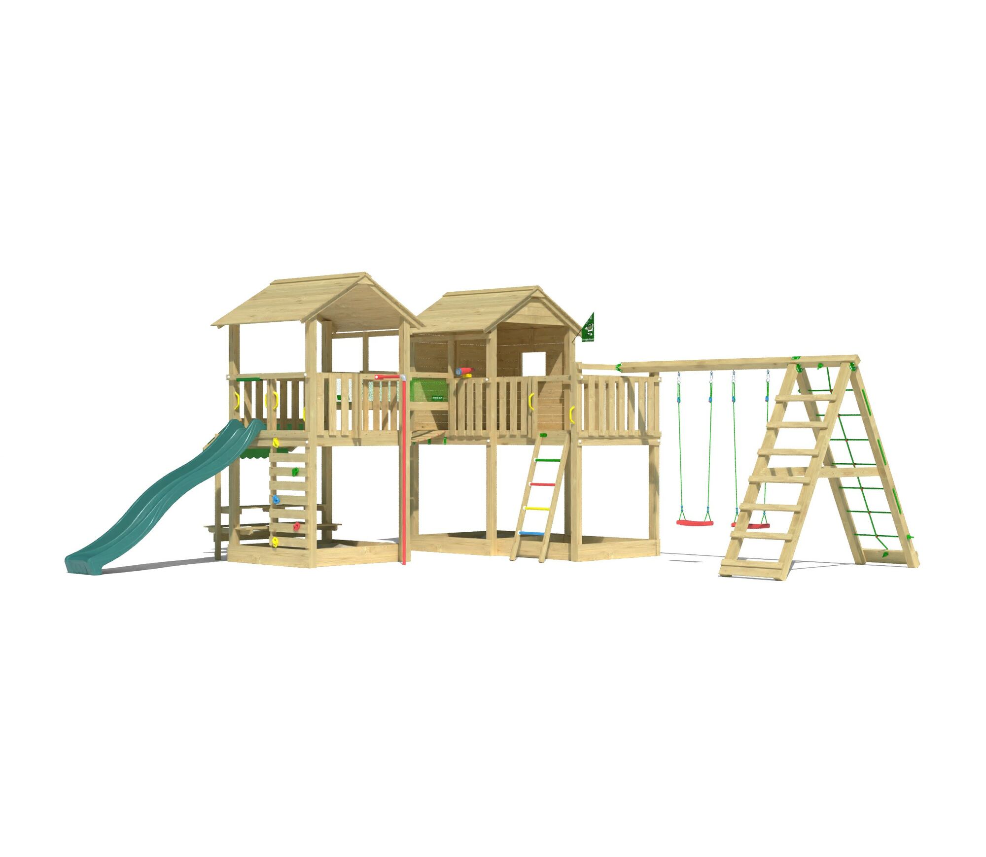 Large wooden climbing frame with two play towers, slide, double swing, and climbing features