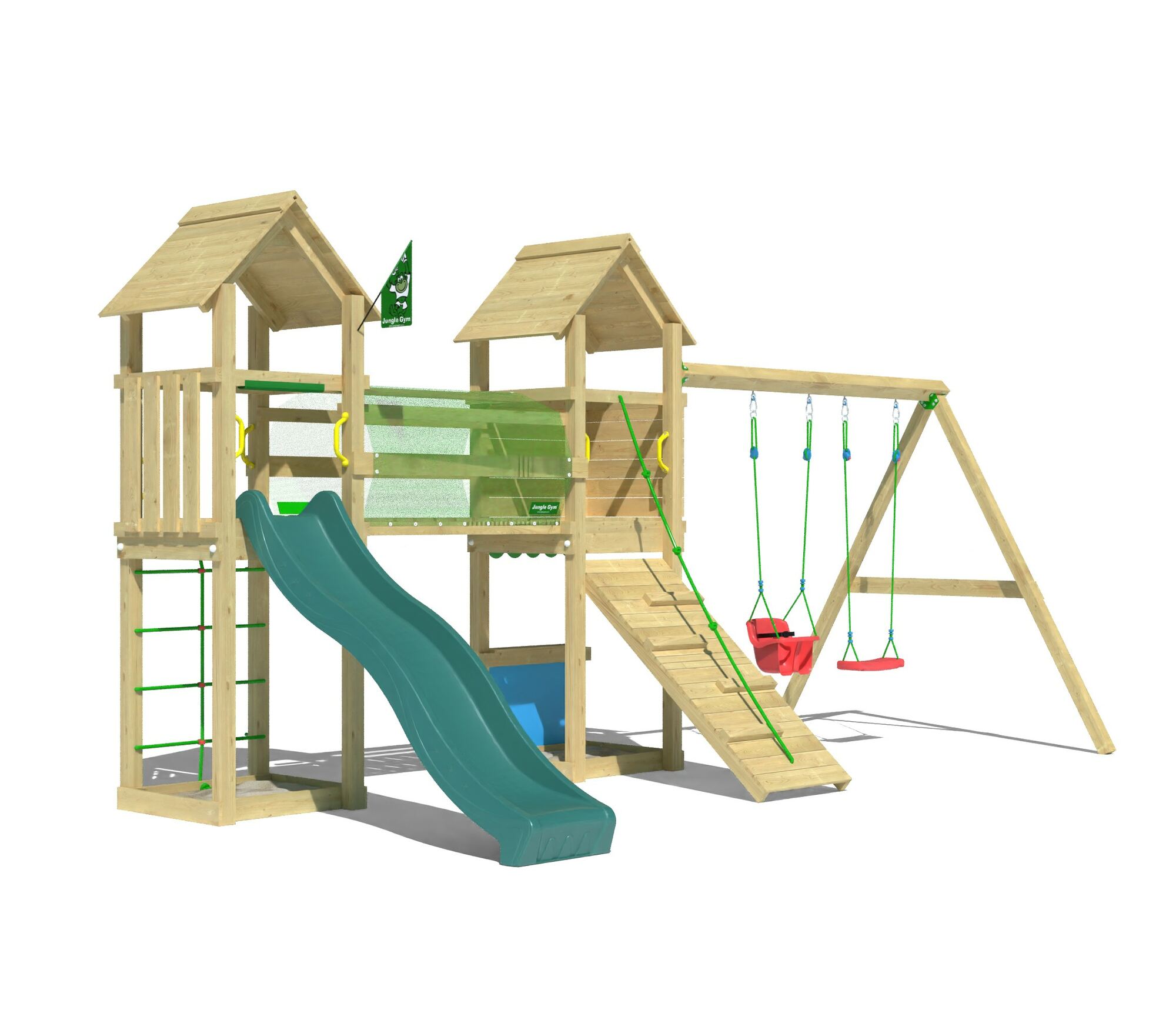 Wooden climbing frame with two play towers, green slide, double swing, and climbing ramp