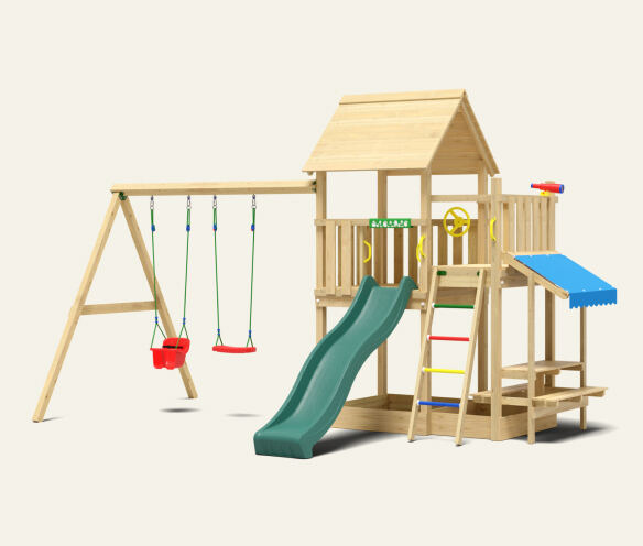 Wooden climbing frame with a slide and swing